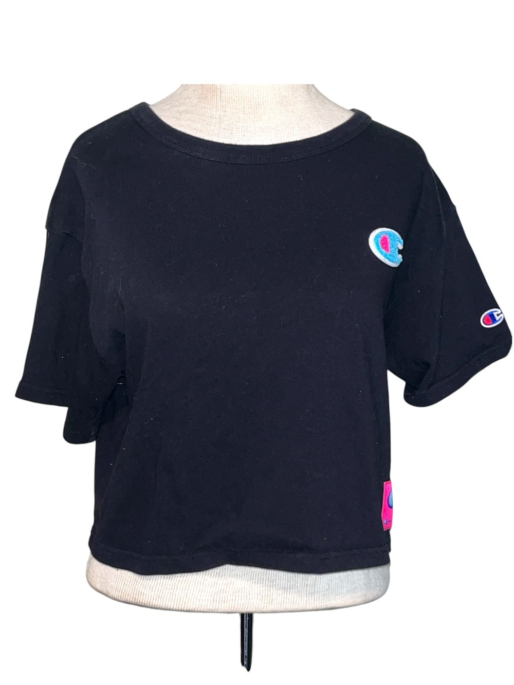 Champion Black Cropped Tee with Pink & Blue Logo Accents size small